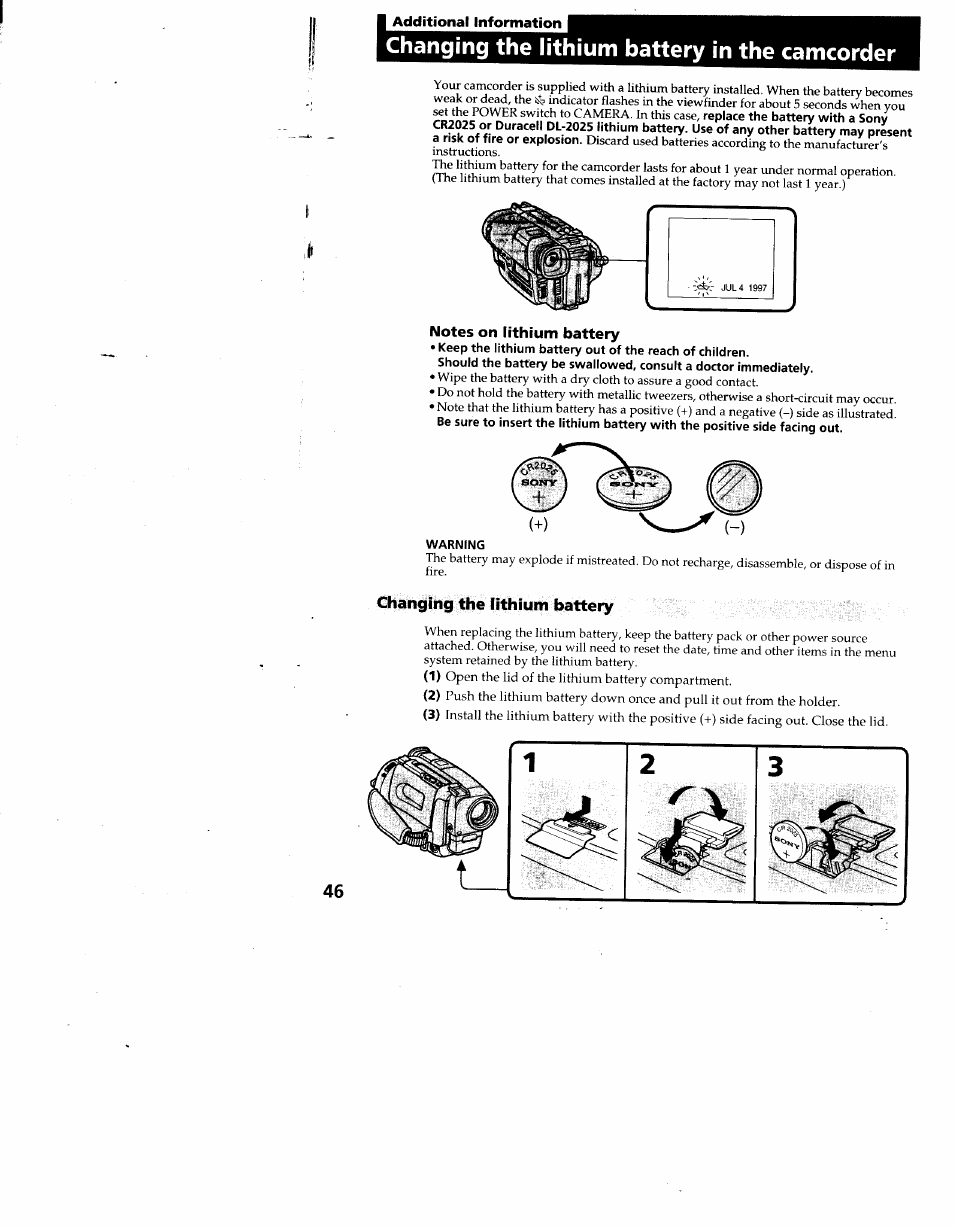 Additional information, Notes on lithium battery, Warning | Changing the lithium battery, Changing the lithium battery in the camcorder | Sony CCD-TR930 User Manual | Page 46 / 71