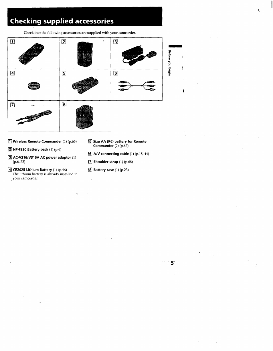 Checking supplied accessories | Sony CCD-TR930 User Manual | Page 5 / 71