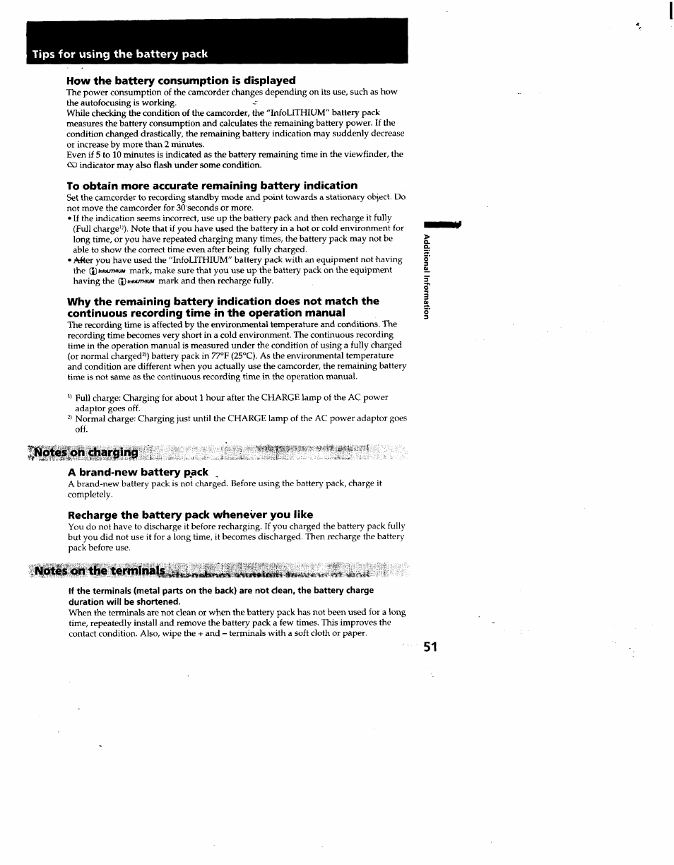 How the battery consumption is displayed, Fiiotes oh charging, A brand-new battery pack | Recharge the battery pack whenever you like | Sony CCD-TR930 User Manual | Page 51 / 71