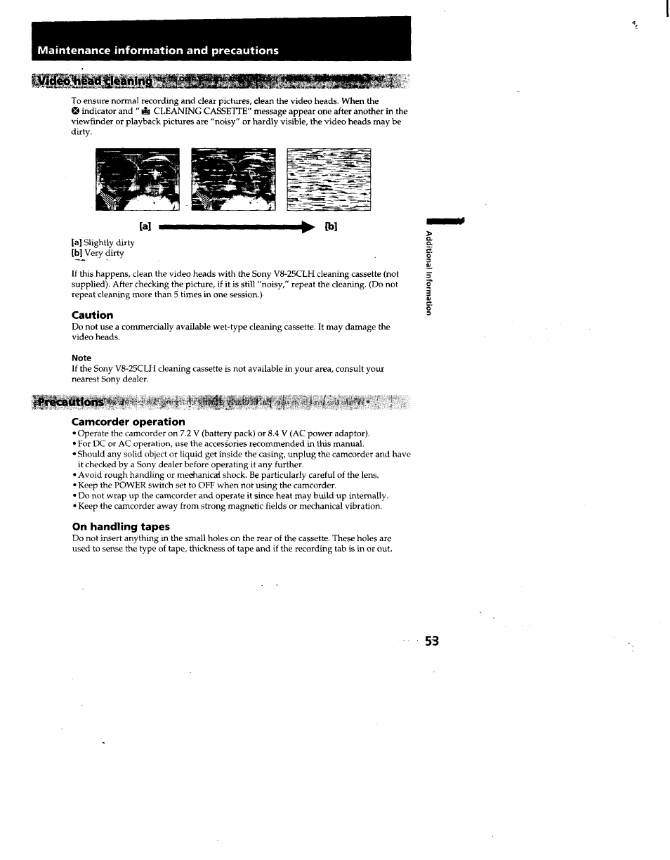 Caution, Note, Camcorder operation | On handling tapes, Precautions | Sony CCD-TR930 User Manual | Page 53 / 71