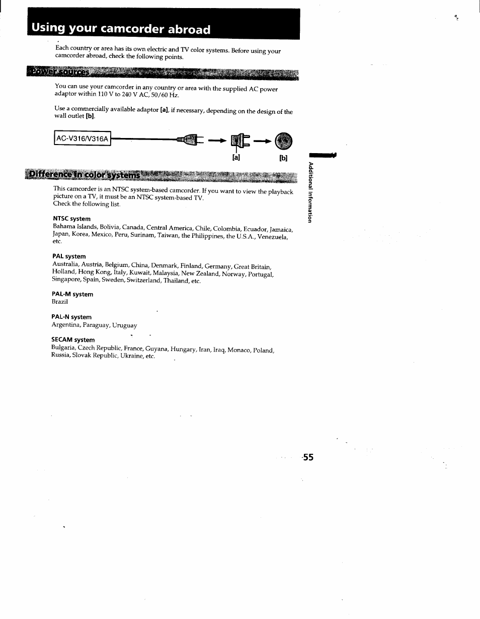 Ac-v316a/316a, Difference in color systemis, Ntsc system | Pal system, Pal-m system, Pal-n system, Using your camcorder abroad | Sony CCD-TR930 User Manual | Page 55 / 71