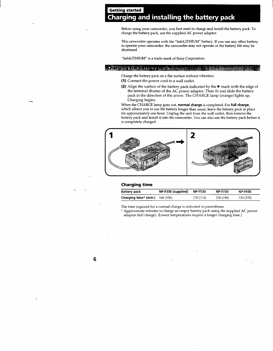 Charging time, Charging and installing the battery pack | Sony CCD-TR930 User Manual | Page 6 / 71