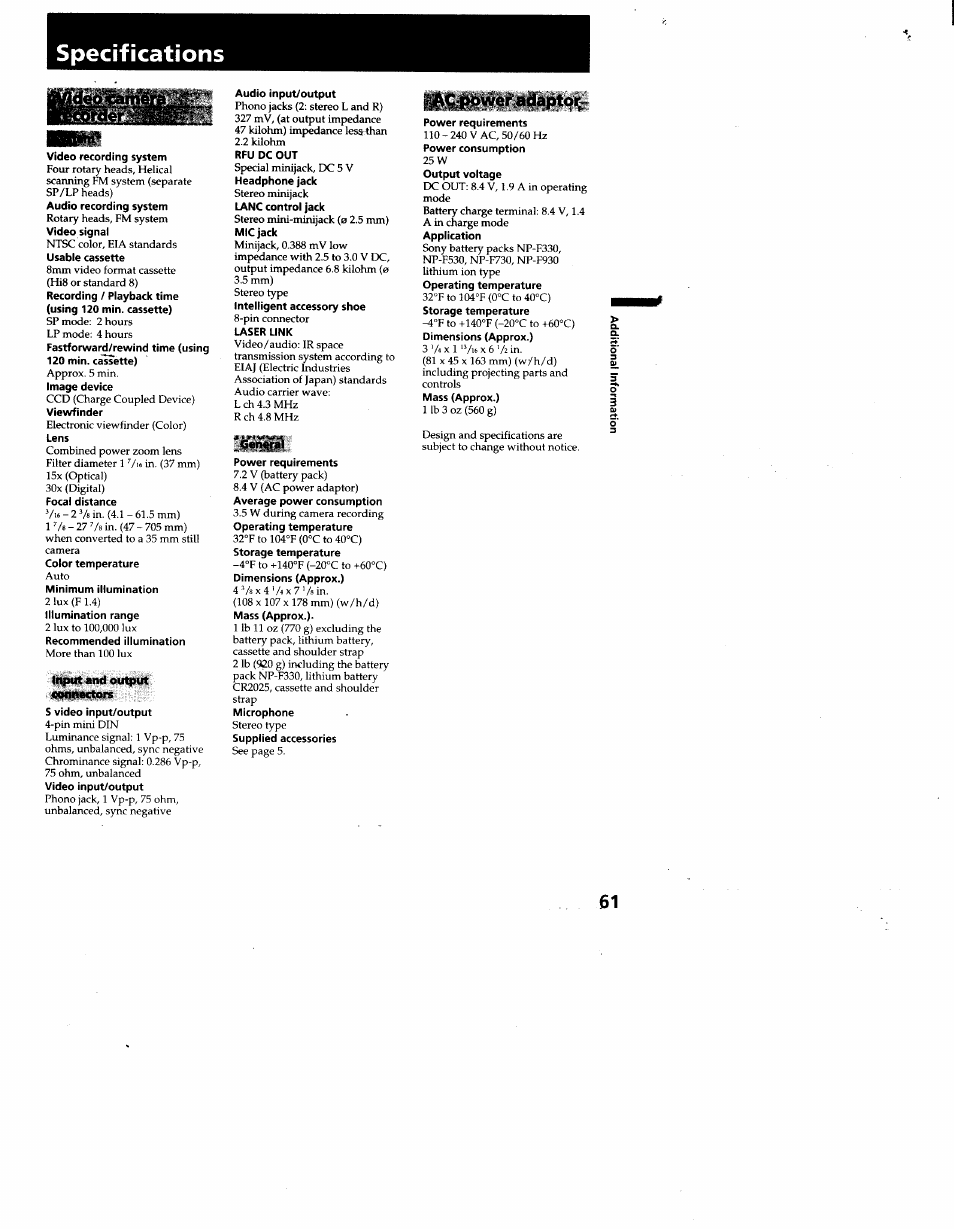 Liriput and output 4xkin»ctors, Specifications, Cenval | Sony CCD-TR930 User Manual | Page 61 / 71