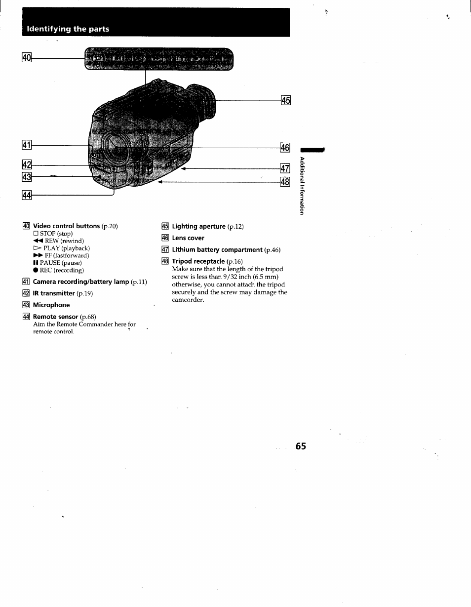 Video control buttons (p.20), Ih camera recording/battery lamp (p.ll), H ir transmitter (p.19) | Microphone, 3 remote sensor (p.68), Lighting aperture (p.l2), Lens cover, Lithium battery compartment (p.46), Tripod receptacle (p.l6) | Sony CCD-TR930 User Manual | Page 65 / 71