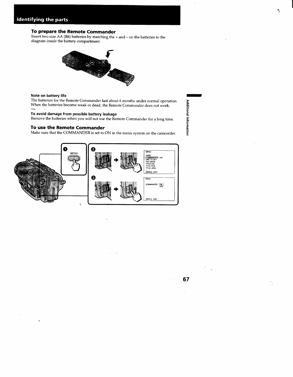 To prepare the remote commander, Note on battery life, To avoid damage from possible battery leakage | To use the remote commander | Sony CCD-TR930 User Manual | Page 67 / 71