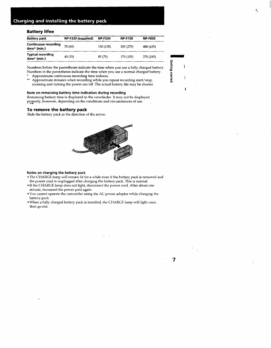 Battery lifee, To remove the battery pack, Notes on charging the battery pack | Tips for using the battery pack | Sony CCD-TR930 User Manual | Page 7 / 71