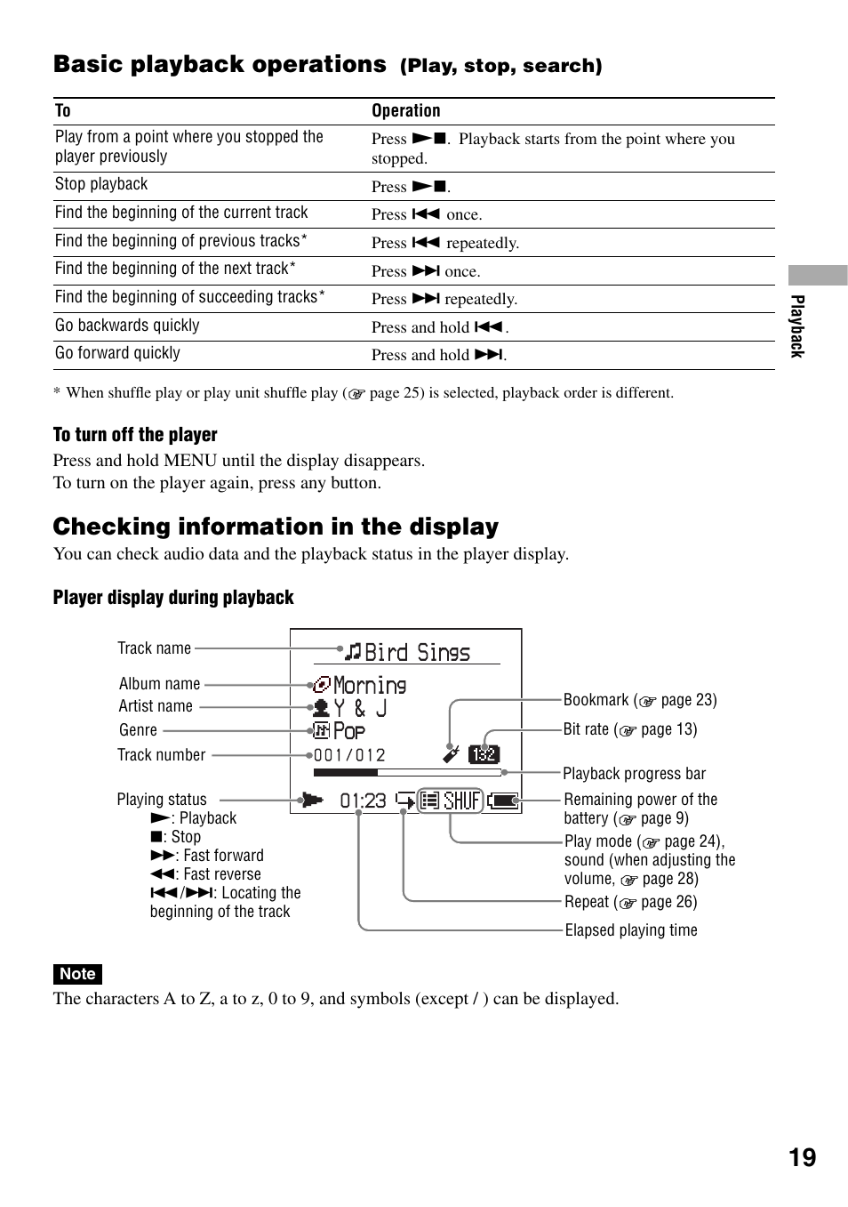 Basic playback operations (play, stop, search), Checking information in the display, Basic playback operations | Play, stop, search) | Sony NW-HD1 User Manual | Page 19 / 46