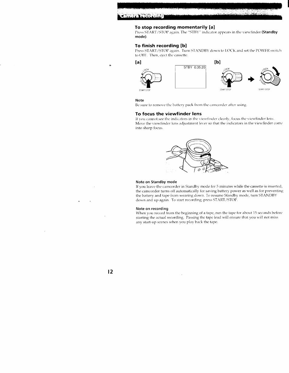 Note, Note on standby mode, Note on recording | Sony CCD-TR516 User Manual | Page 12 / 76