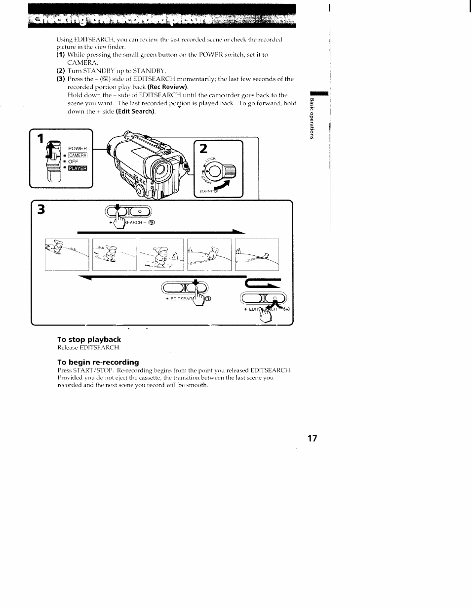 To stop playback, To begin re-recording | Sony CCD-TR516 User Manual | Page 17 / 76