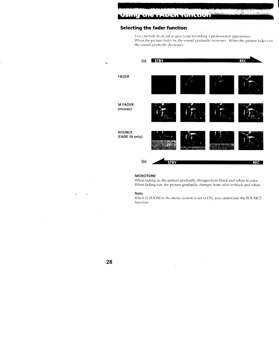 Selecting the fader function, Fader, M.fader (mosaic) | Bounce (fade in only), Monotone, Note, Using the fader function | Sony CCD-TR516 User Manual | Page 28 / 76