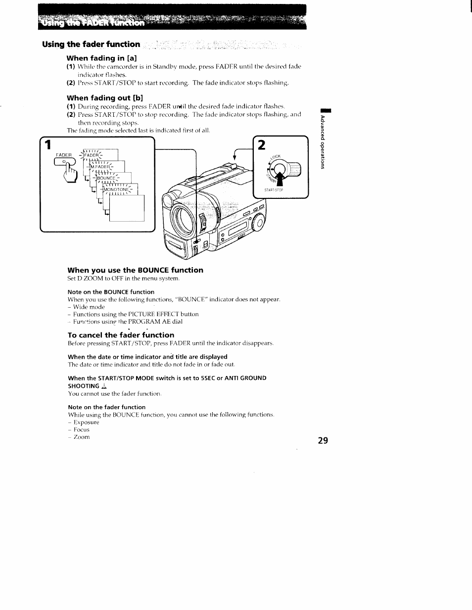 Using the fader function, When fading in [a, When fading out [b | When you use the bounce function, Note on the bounce function, To cancel the fader function, Note on the fader function, Using the wide mode function | Sony CCD-TR516 User Manual | Page 29 / 76