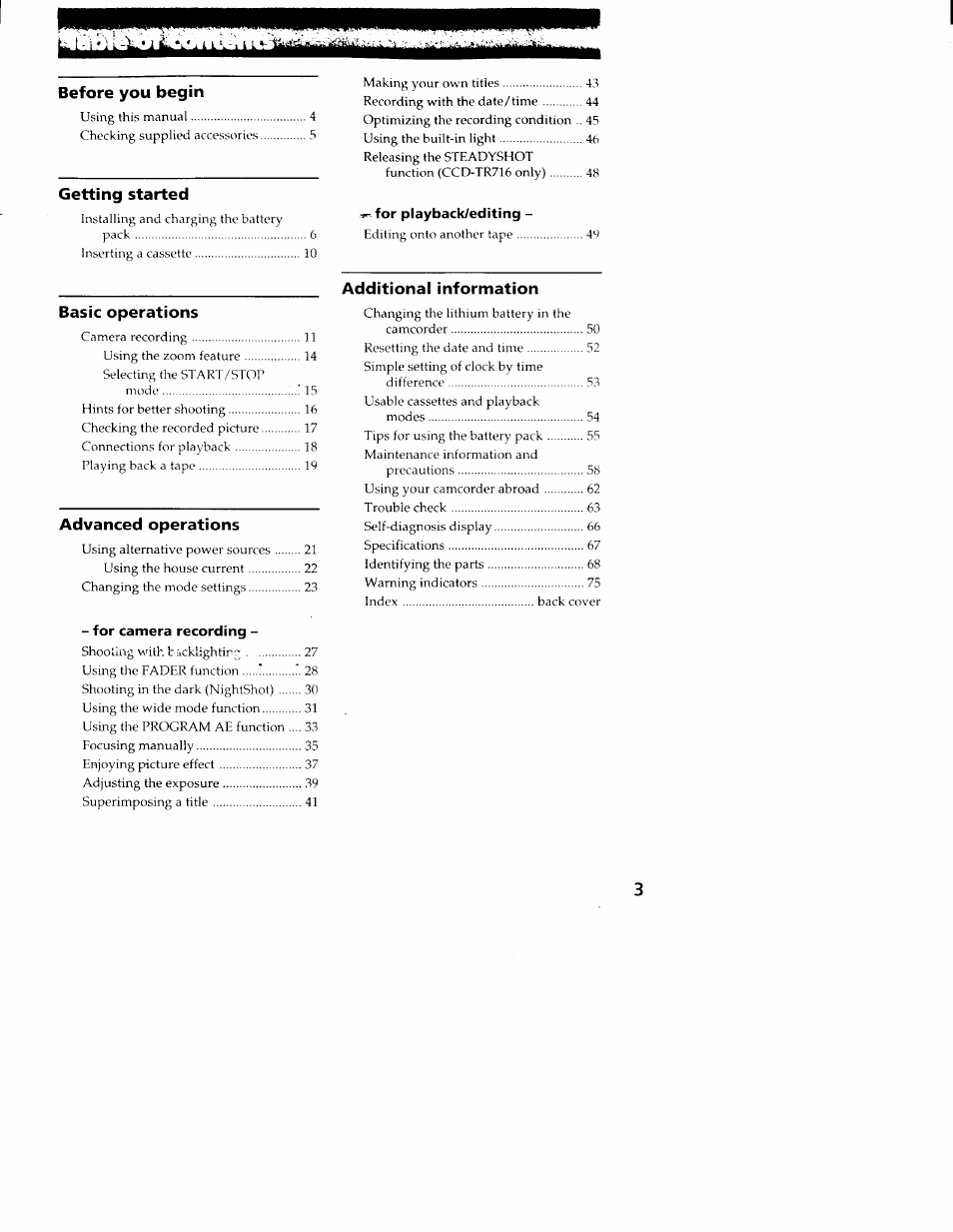Before you begin, Getting started, Basic operations | Advanced operations, Additional information | Sony CCD-TR516 User Manual | Page 3 / 76
