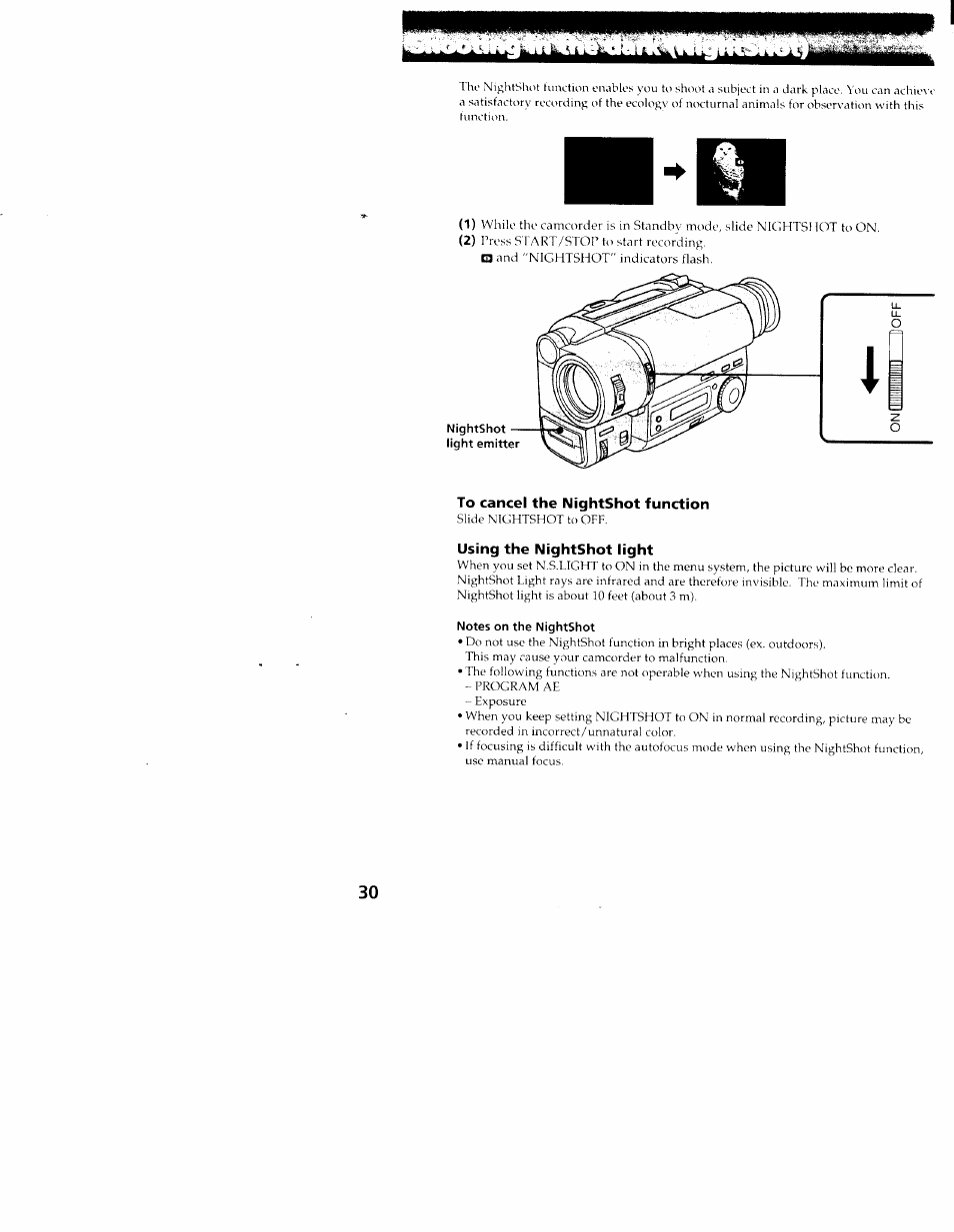 To cancel the nightshot function, Using the nightshot light, Notes on the nightshot | Sony CCD-TR516 User Manual | Page 30 / 76