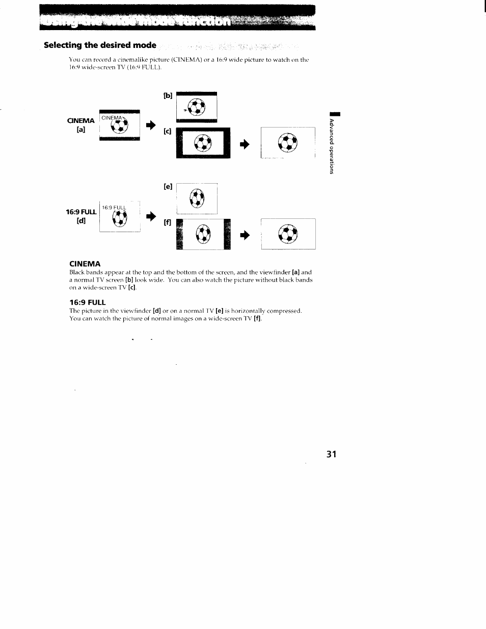 Selecting the desired mode, Cinema, 9 full | Sony CCD-TR516 User Manual | Page 31 / 76