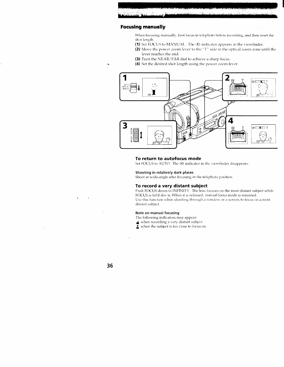 Focusing manually, To return to autofocus mode, To record a very distant subject | Sony CCD-TR516 User Manual | Page 36 / 76