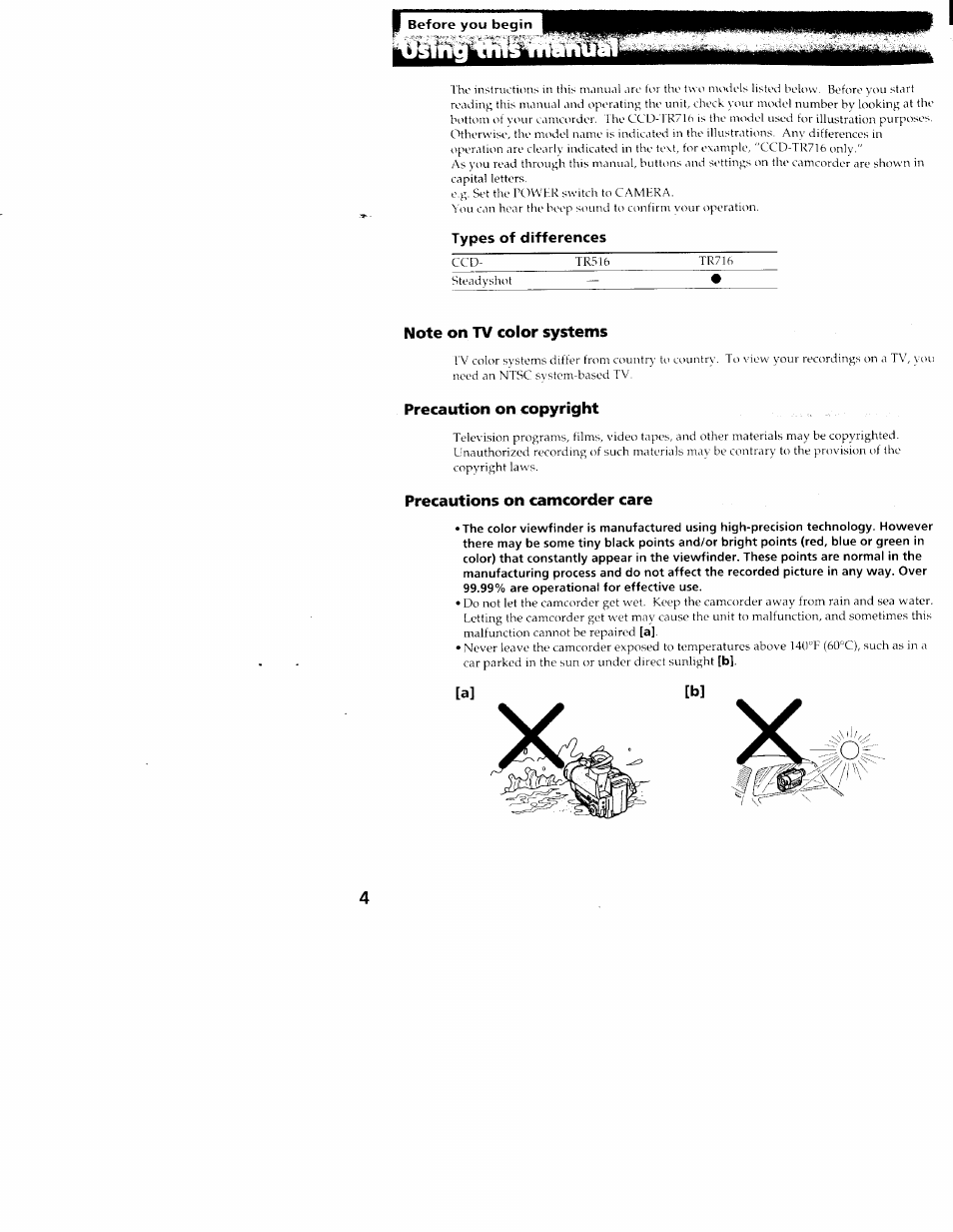 Precaution on copyright, Precautions on camcorder care | Sony CCD-TR516 User Manual | Page 4 / 76