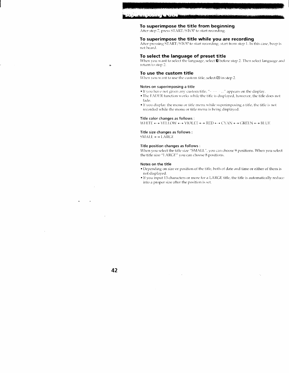 To superimpose the title from beginning, To superimpose the title while you are recording, To select the language of preset title | To use the custom title | Sony CCD-TR516 User Manual | Page 42 / 76