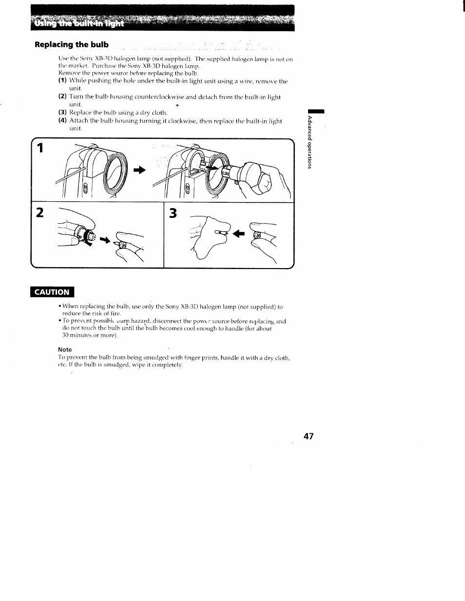 Replacing the bulb, Caution | Sony CCD-TR516 User Manual | Page 47 / 76
