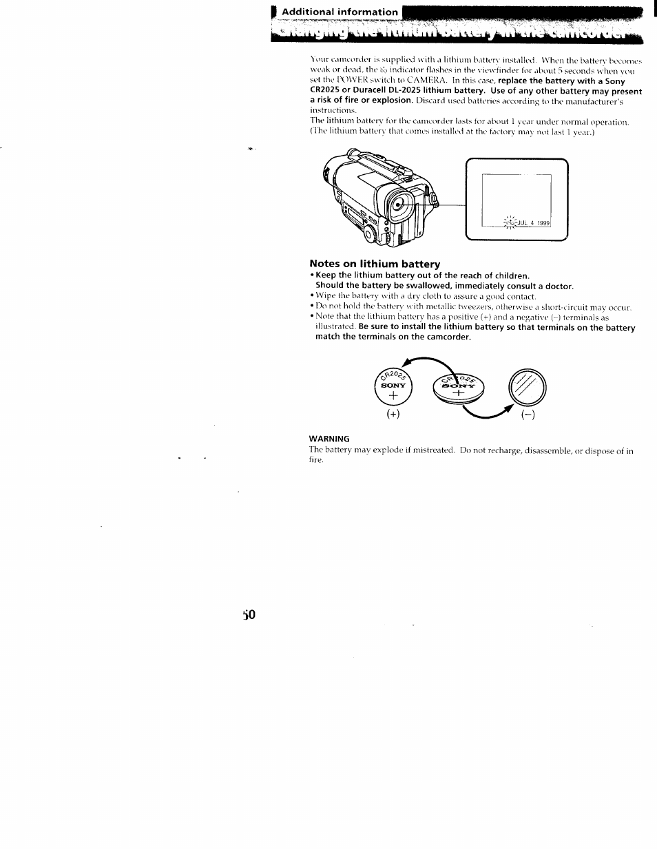 Notes on lithium battery, Warning, P additional information | Sony CCD-TR516 User Manual | Page 50 / 76