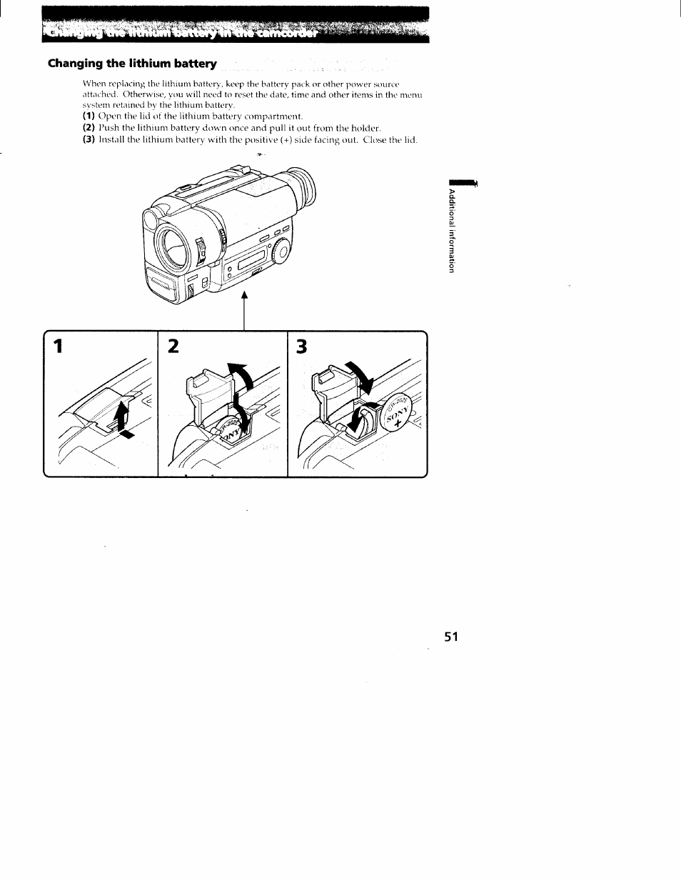 Changing the lithium battery | Sony CCD-TR516 User Manual | Page 51 / 76