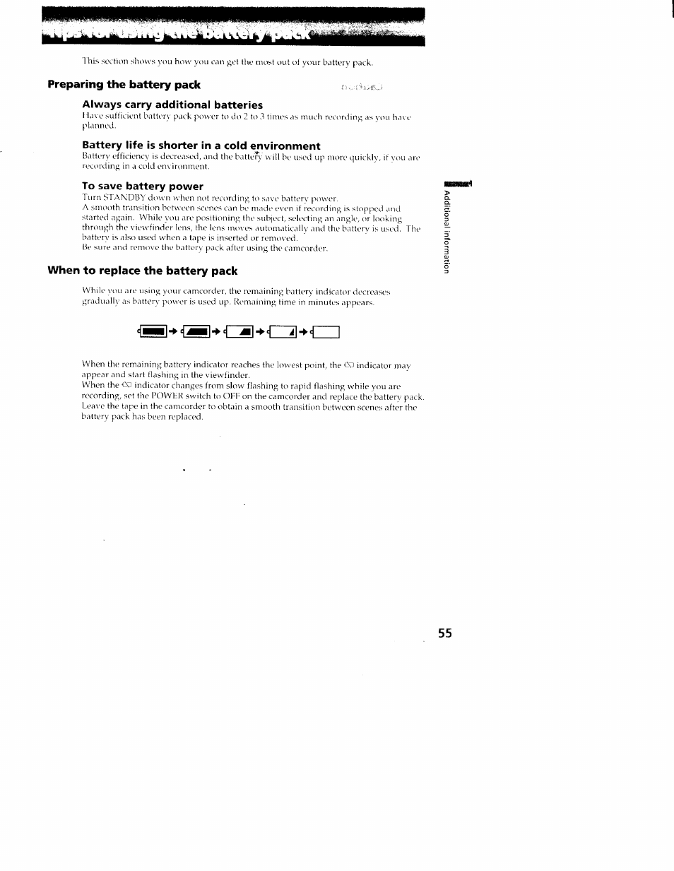 Always carry additional batteries, Battery life is shorter in a cold environment, To save battery power | Preparing the battery padc, When to replace the battery pack | Sony CCD-TR516 User Manual | Page 55 / 76