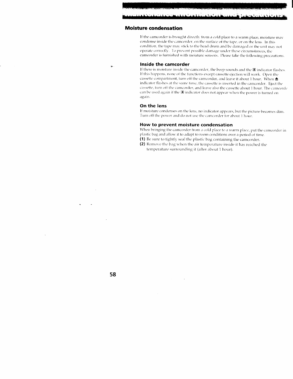Moisture condensation, Inside the camcorder, On the lens | How to prevent moisture condensation | Sony CCD-TR516 User Manual | Page 58 / 76