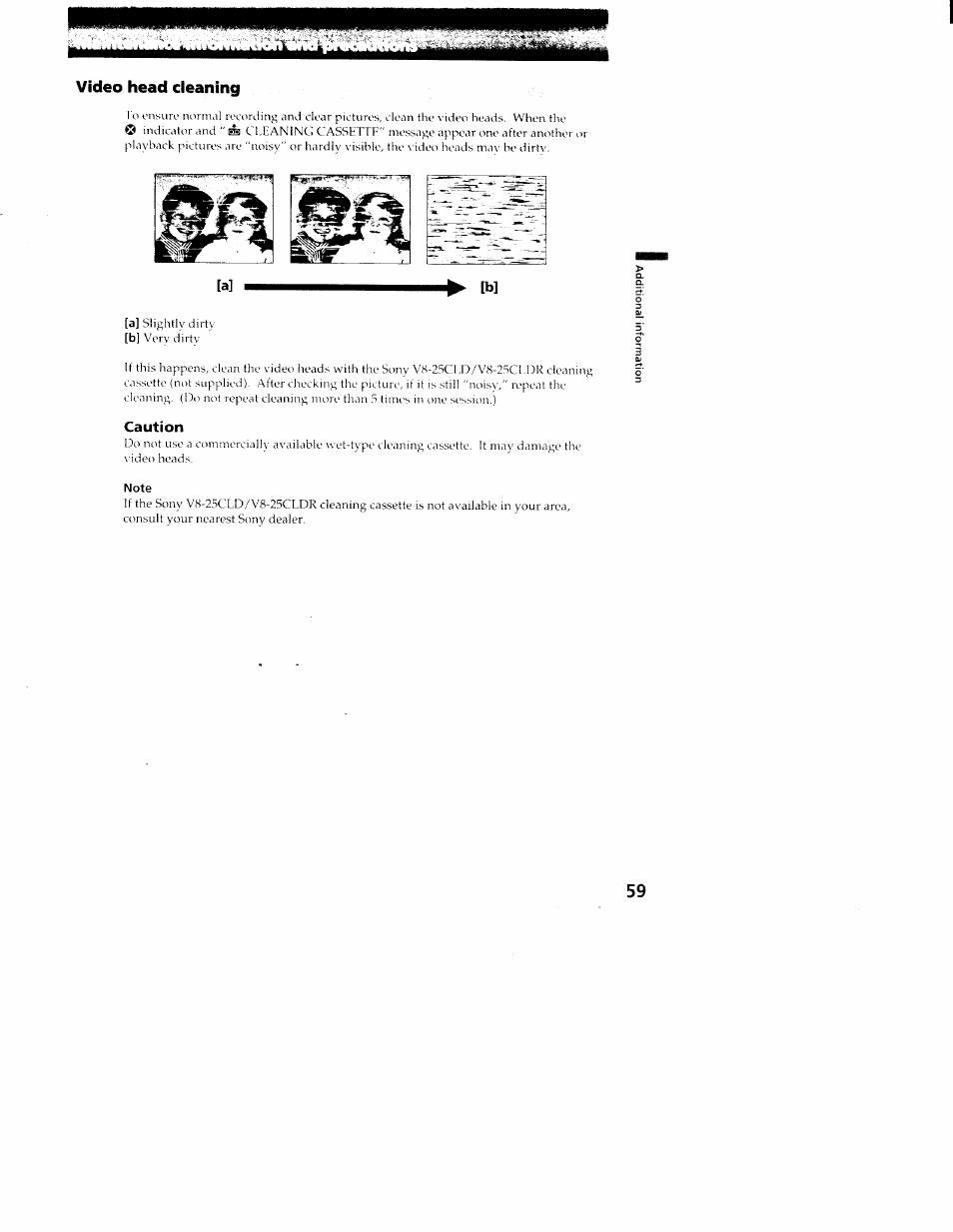 Video head cleaning, Caution, Note | Sony CCD-TR516 User Manual | Page 59 / 76
