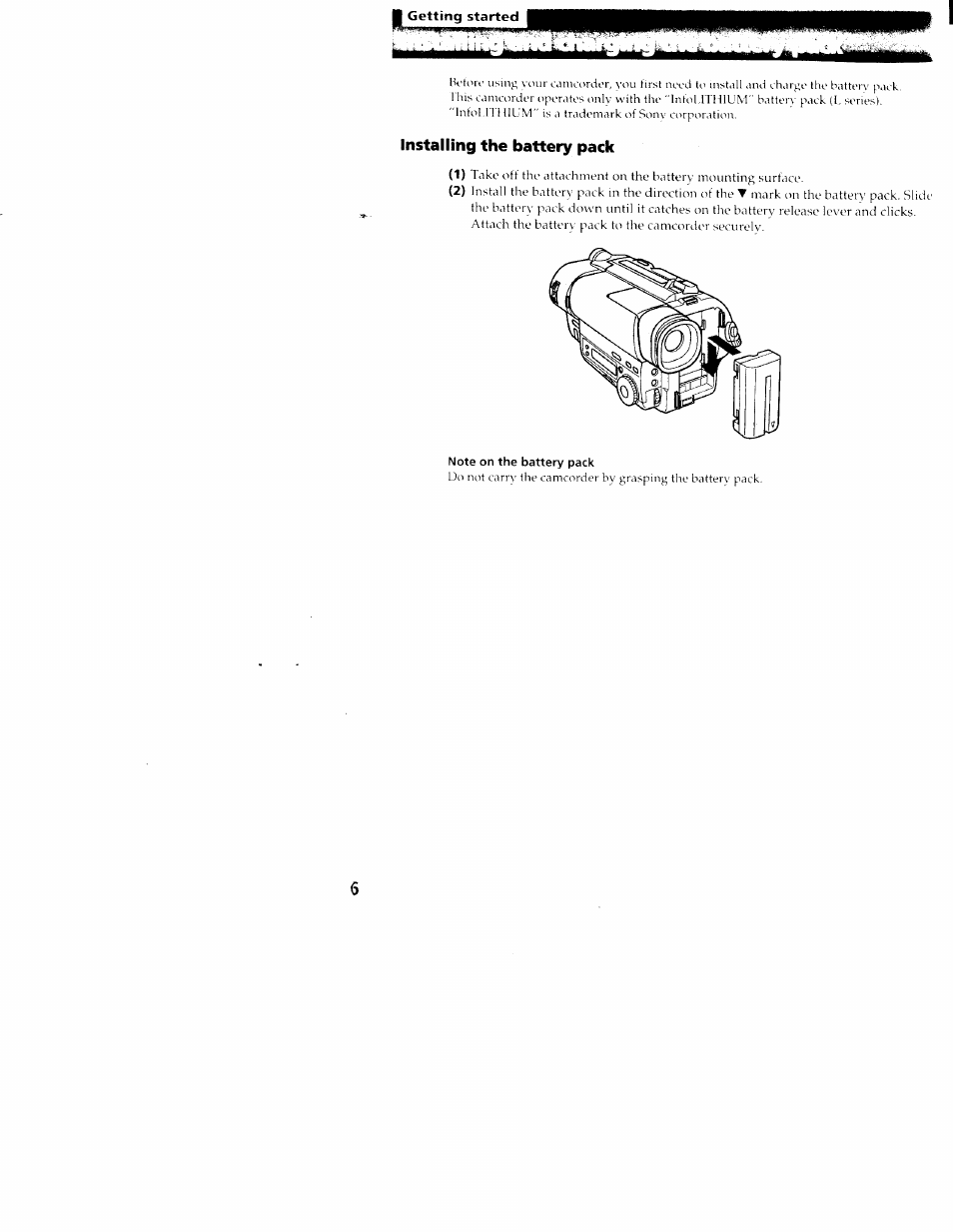 Installing the battery pack, Tips for using the battery, Pack | Sony CCD-TR516 User Manual | Page 6 / 76