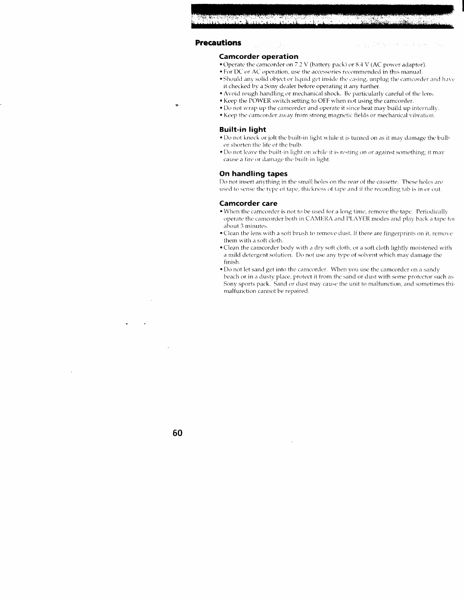 Precautions, Camcorder operation, Built-in light | On handling tapes, Camcorder care | Sony CCD-TR516 User Manual | Page 60 / 76