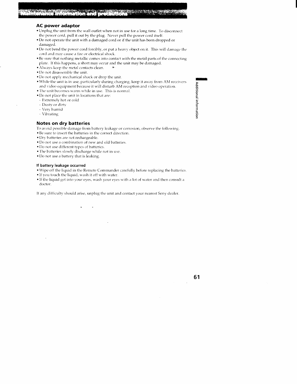 Ac power adaptor, Notes on dry batteries | Sony CCD-TR516 User Manual | Page 61 / 76