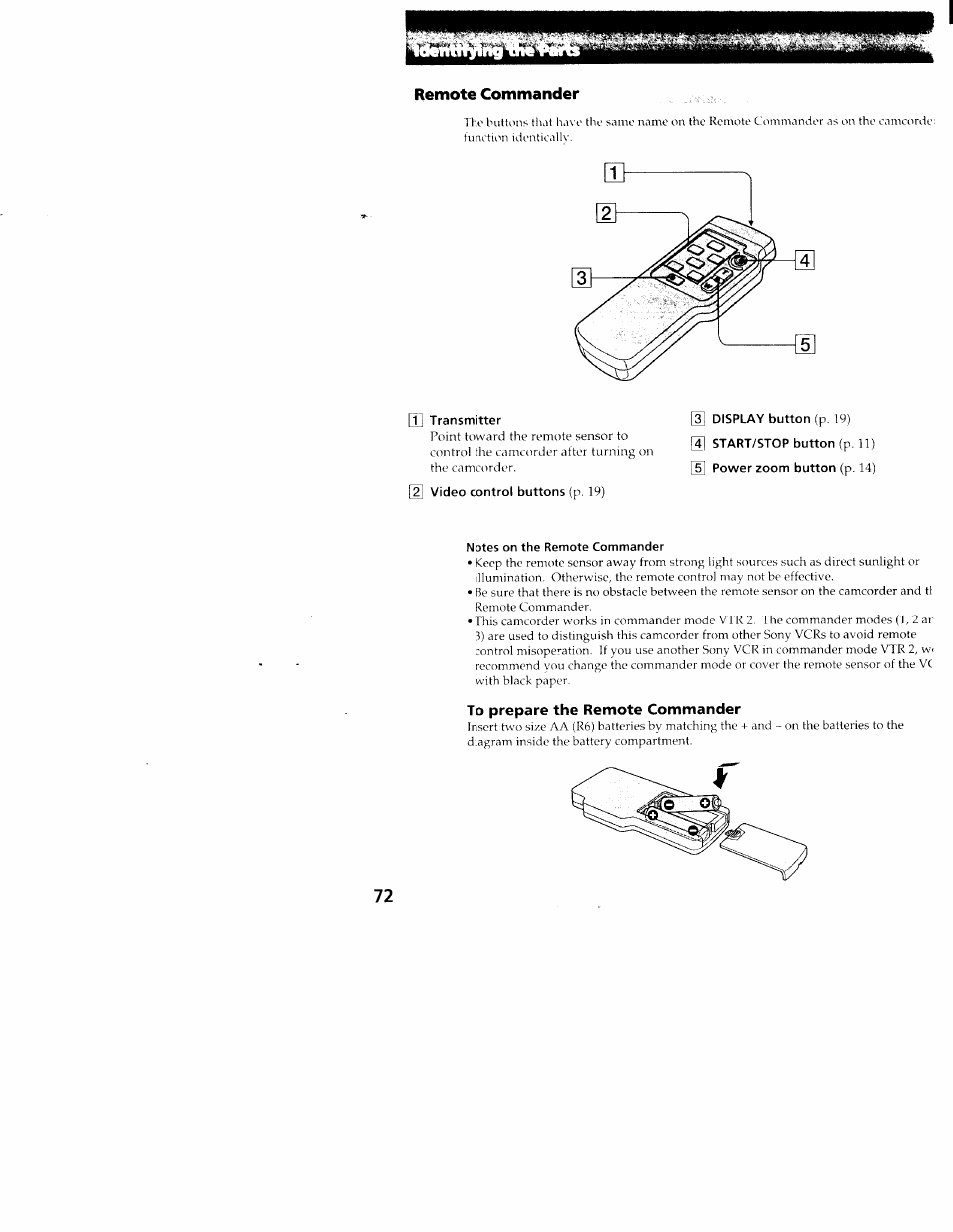 Remote commander, T] transmitter, 2] video control buttons (p. 19) | Notes on the remote commander, To prepare the remote commander | Sony CCD-TR516 User Manual | Page 72 / 76