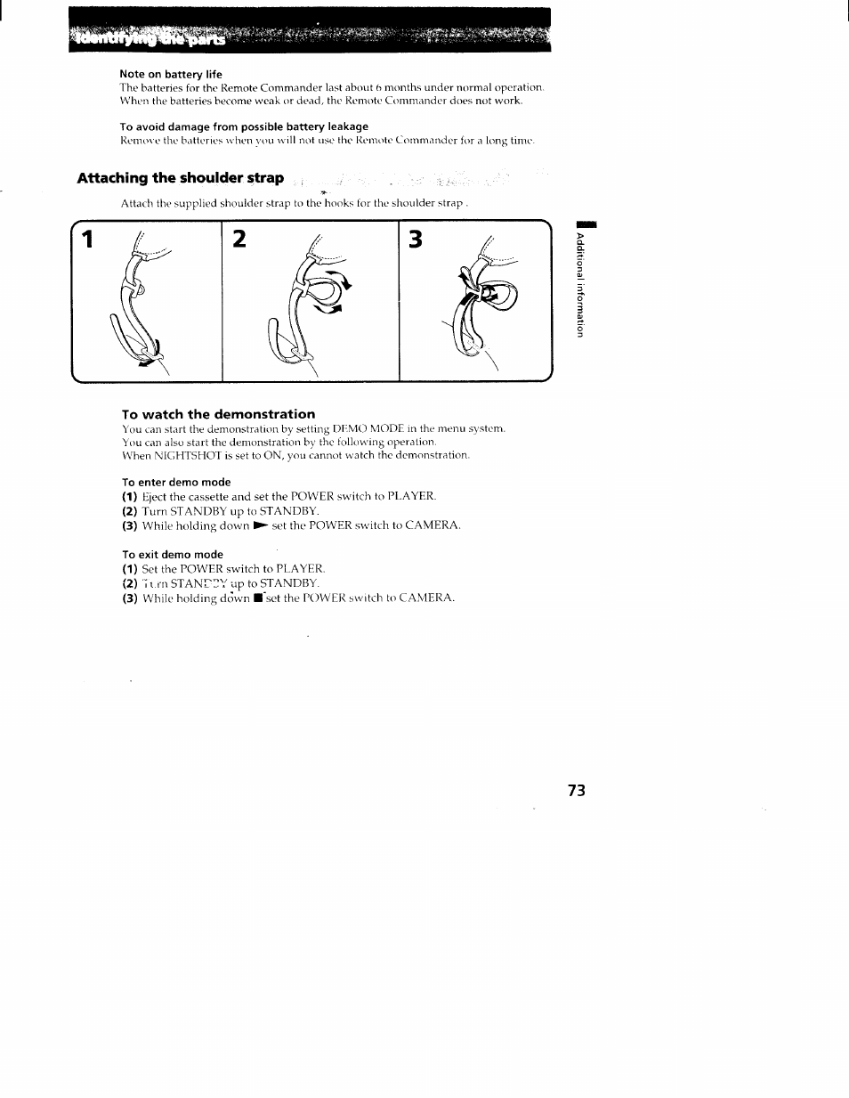 Note on battery life, To avoid damage from possible battery leakage, Attaching the shoulder strap | To watch the demonstration, To enter demo mode, To exit demo mode | Sony CCD-TR516 User Manual | Page 73 / 76