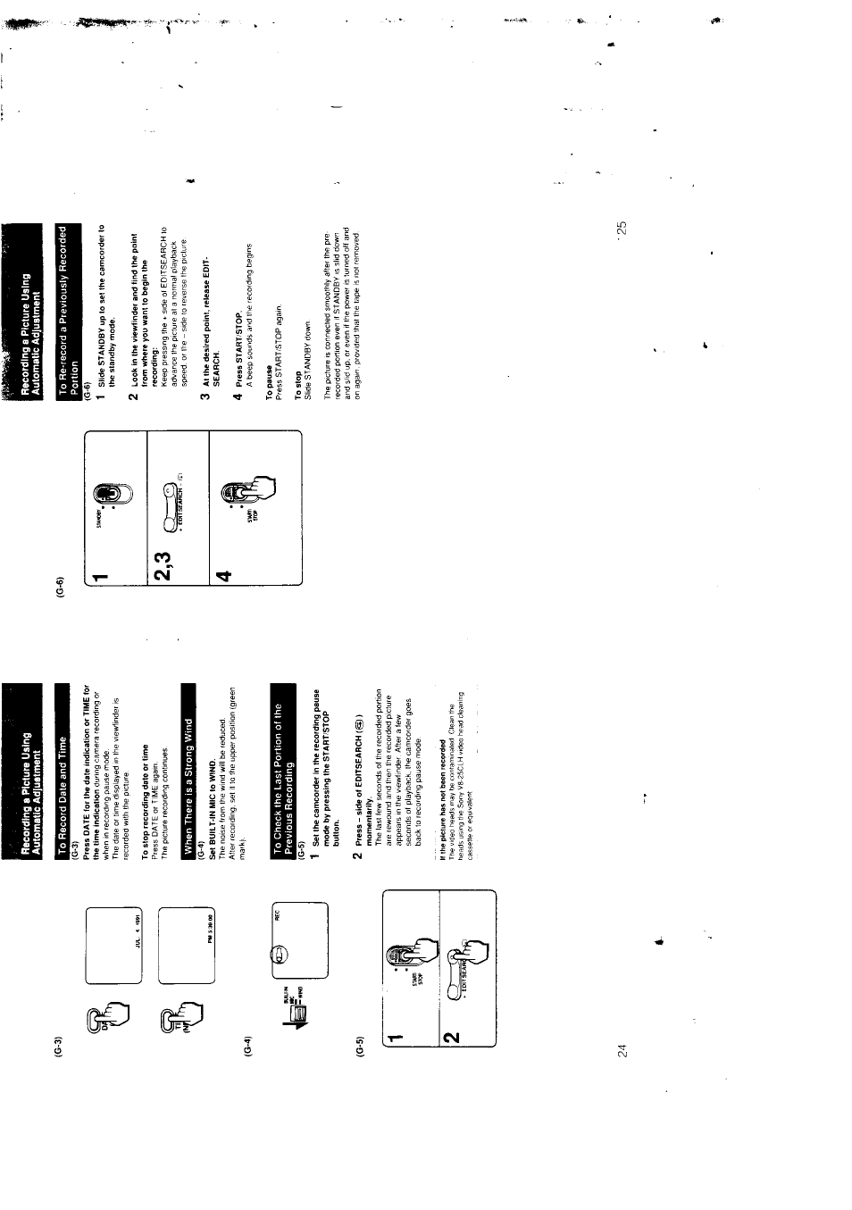 To record date and time, To stop recording date or time, When there is a strong wind | 2 press-side of editsearch(gl) momentarily, If the picture has not been recorded, To re-record a previously recorded portion, 3 at the desired point, release editsearch, 4 press start/stop, To pause, To stop | Sony CCD-F301 User Manual | Page 13 / 31
