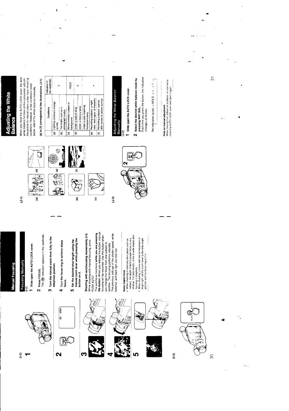 Manual focusing, Focusing manually, 1 slide open the auto lock cover | 2 press focus, 4 turn the focus ring to achieve sharp focus, Shooting with autofocusing momentarily (i-3), Some helpful hints, Adjusting the white balance, J-1), A] to [f] correspond to the illustrations, (d-1) | Sony CCD-F301 User Manual | Page 16 / 31