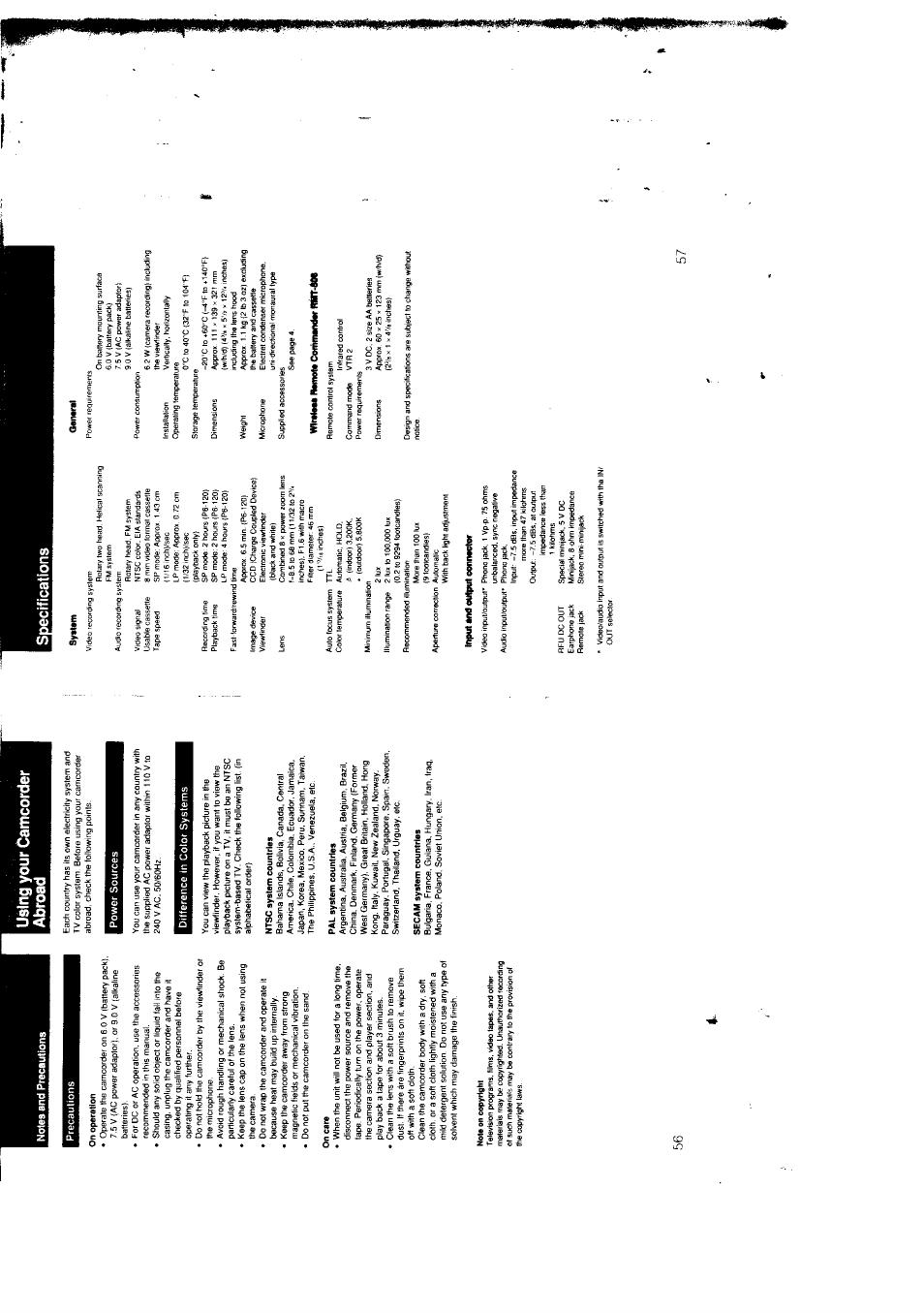 Specifications, Note on copyright, Power sources | Difference in color systems, Input and output ooniwctor, N*met* commander rmt-8m, Gancral | Sony CCD-F301 User Manual | Page 29 / 31