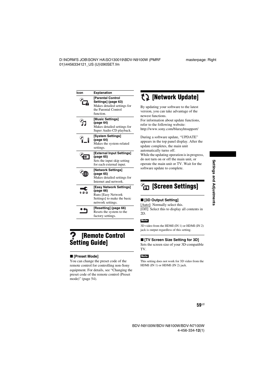Remote control setting guide, Network update, Screen settings | Sony BDV-N8100W User Manual | Page 59 / 88