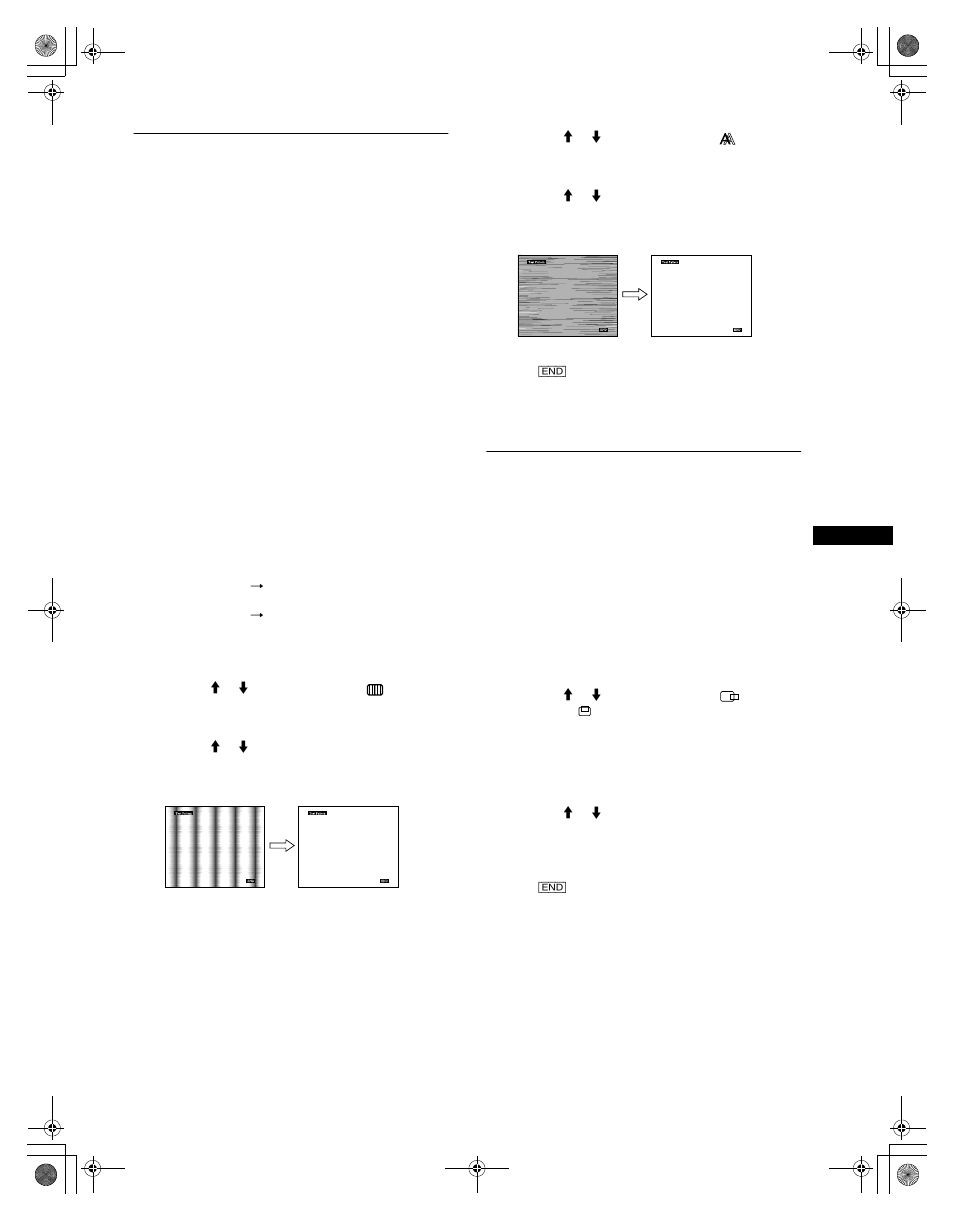 Eliminating flicker or blurring (phase/pitch), Adjusting the picture position (hcenter/v center), Adjusting the picture position (h center/v center) | Sony SDM-N50R User Manual | Page 13 / 104