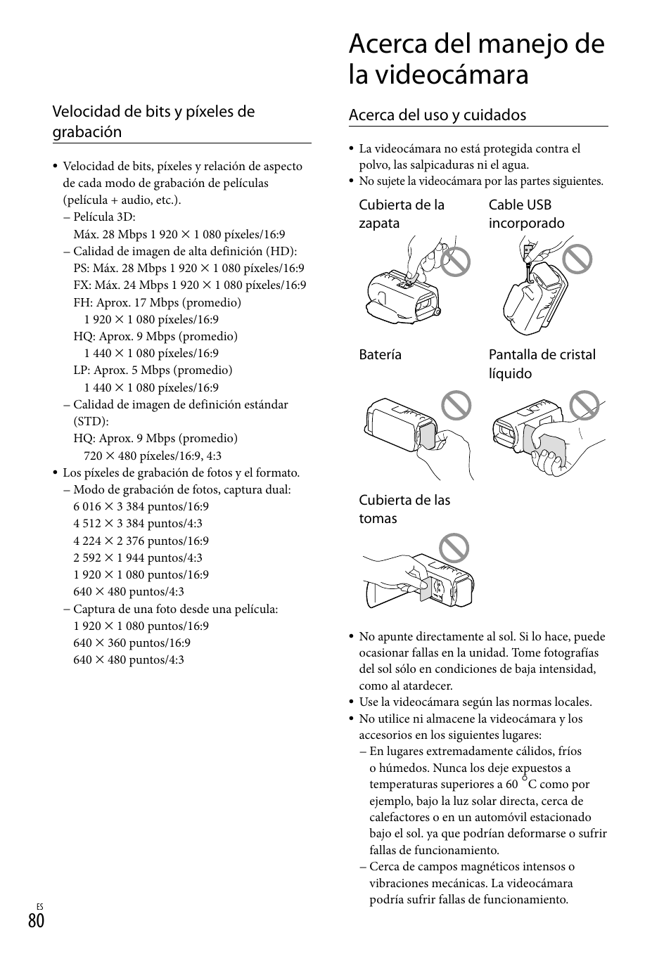 Acerca del manejo de la videocámara, Velocidad de bits y píxeles de grabación, Acerca del uso y cuidados | Sony HDR-TD20V User Manual | Page 176 / 191