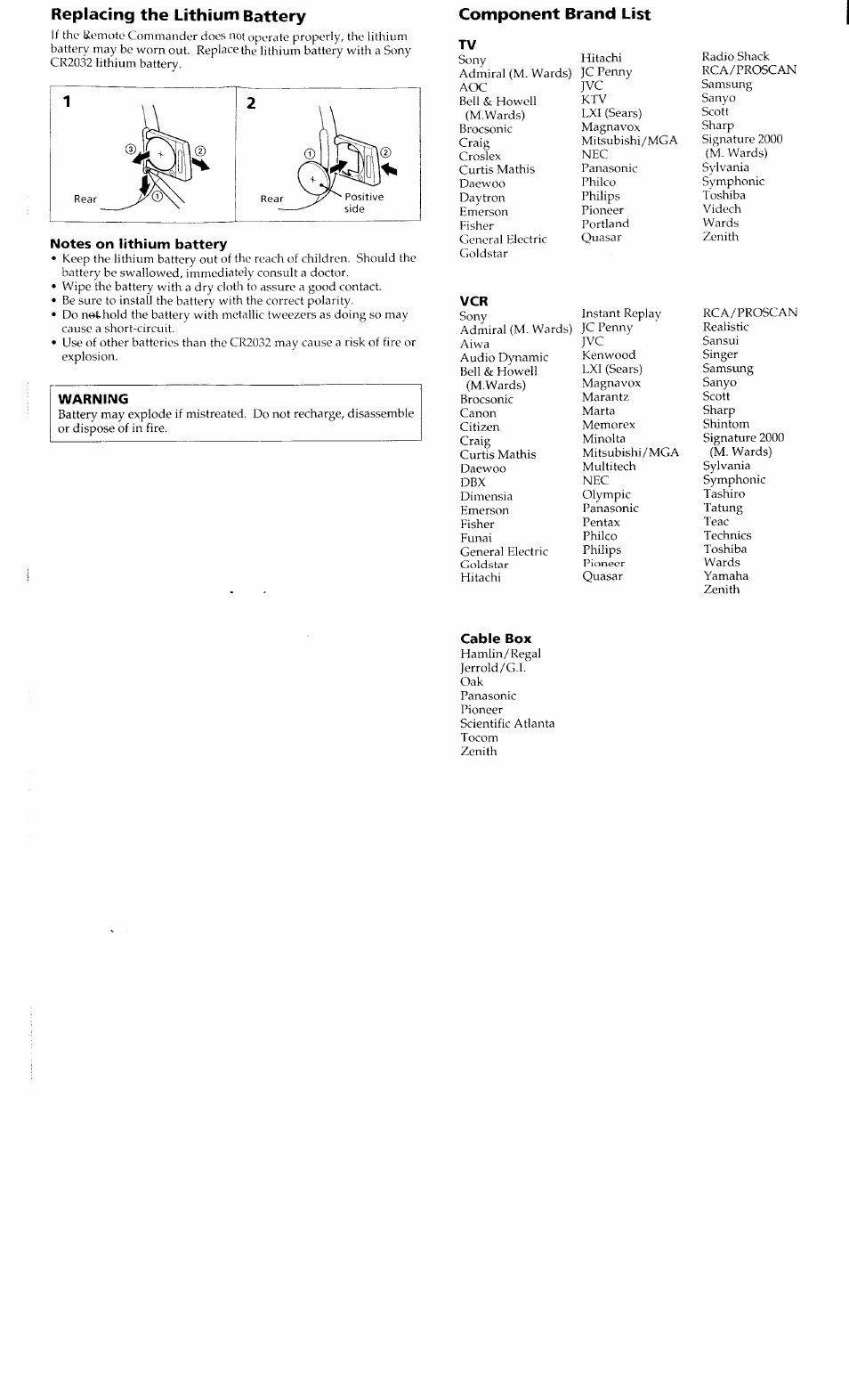 Replacing the lithium battery, Component brand list | Sony RM-V30 User Manual | Page 3 / 4