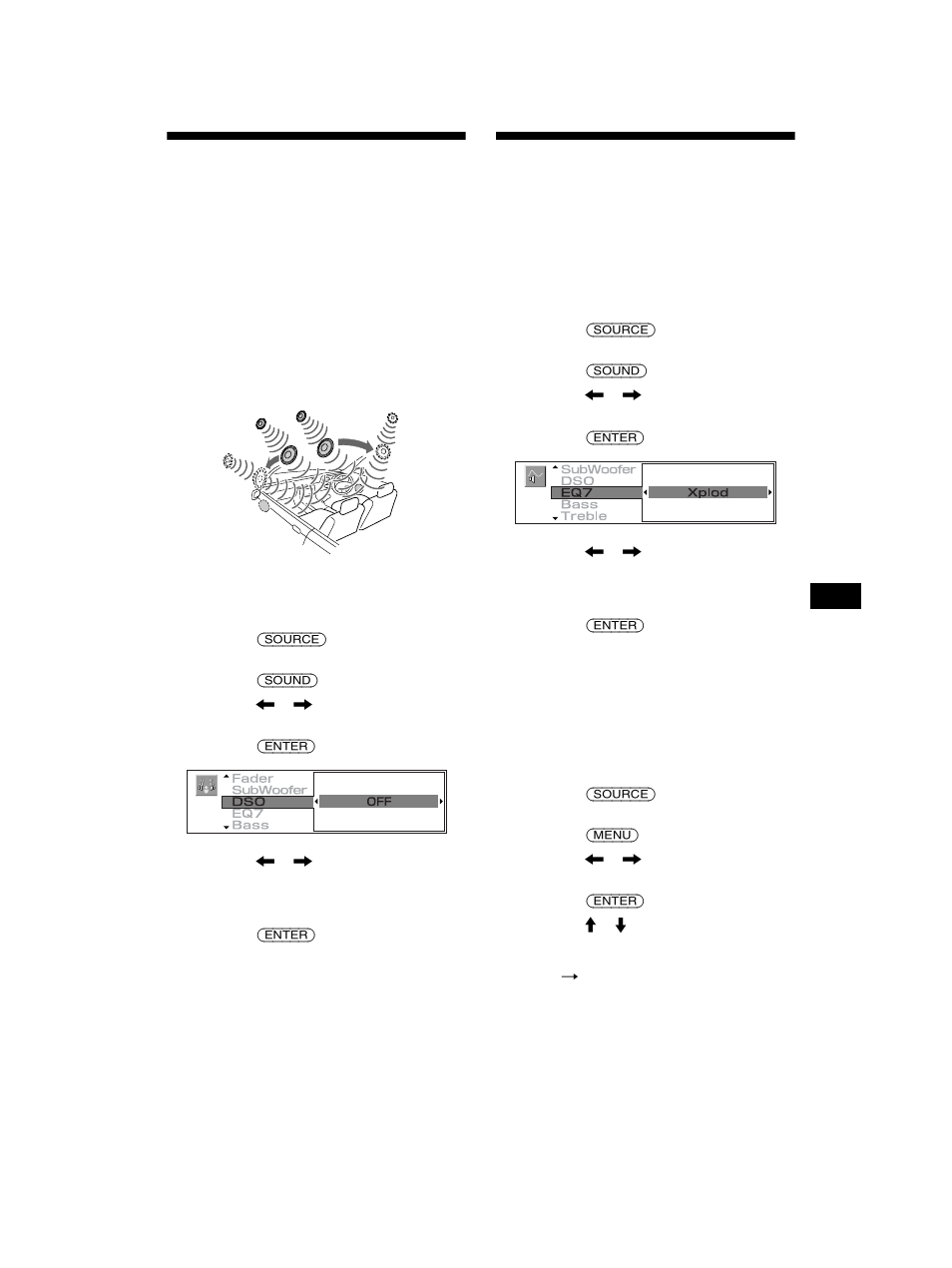 Ajuste del ecualizador (eq7), Ajuste del organizador de sonido de baja, Frecuencia dinámico (dso) | Sony MEX-5DI User Manual | Page 155 / 170