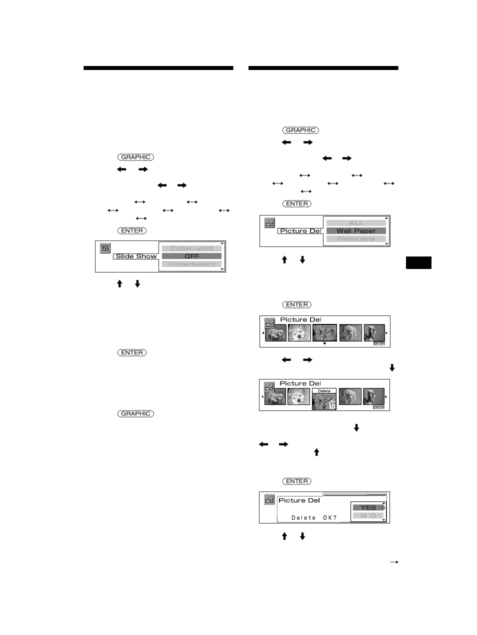Displaying an image as a slide show, Slide show (slide show mode), Deleting the picture data | Picture del, Slide show | Sony MEX-5DI User Manual | Page 37 / 170