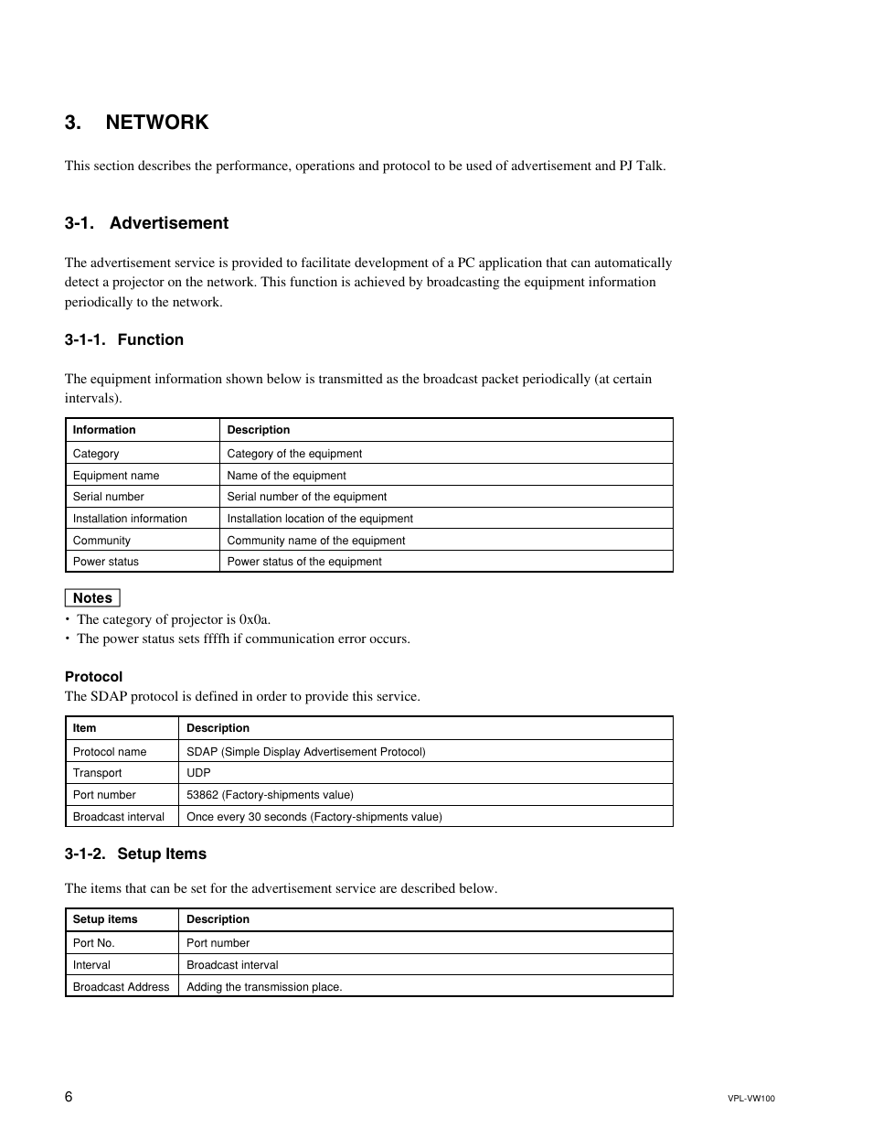 Network, 1. advertisement, 1-1. function | 1-2. setup items | Sony VPL-VW100 User Manual | Page 10 / 28