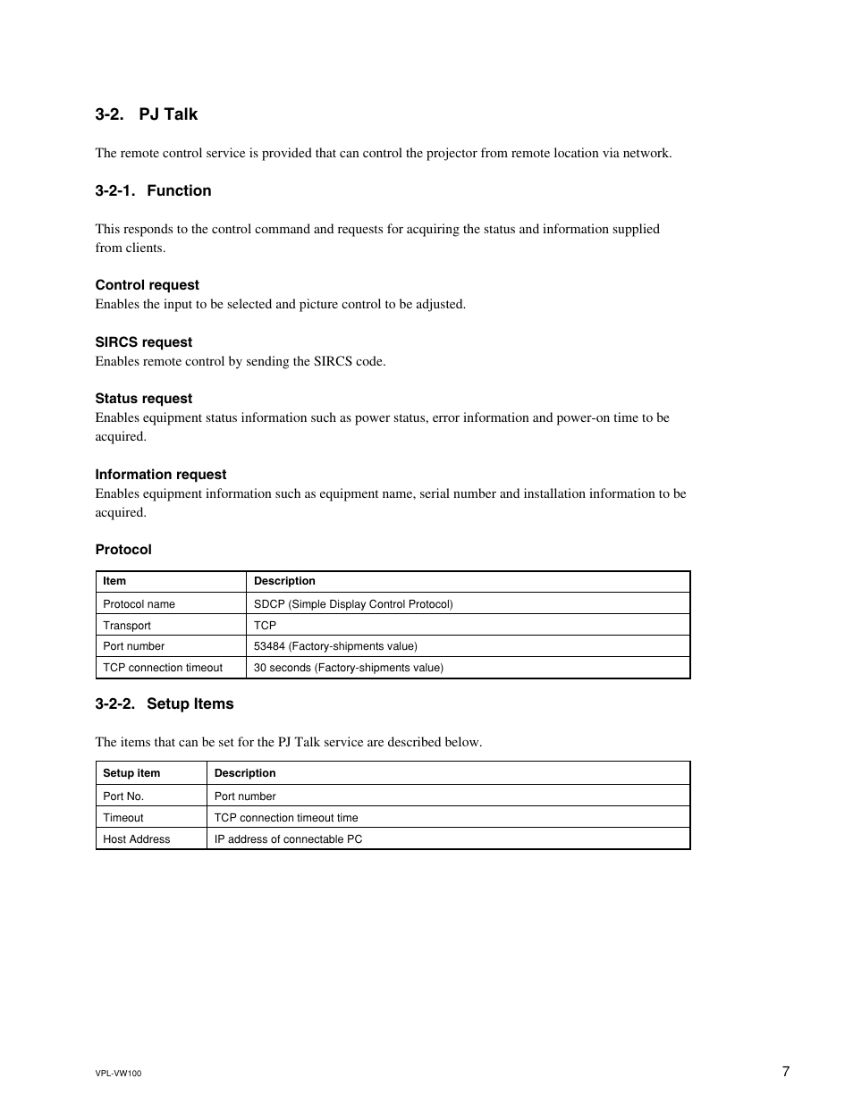 2. pj talk, 2-1. function, 2-2. setup items | Sony VPL-VW100 User Manual | Page 11 / 28