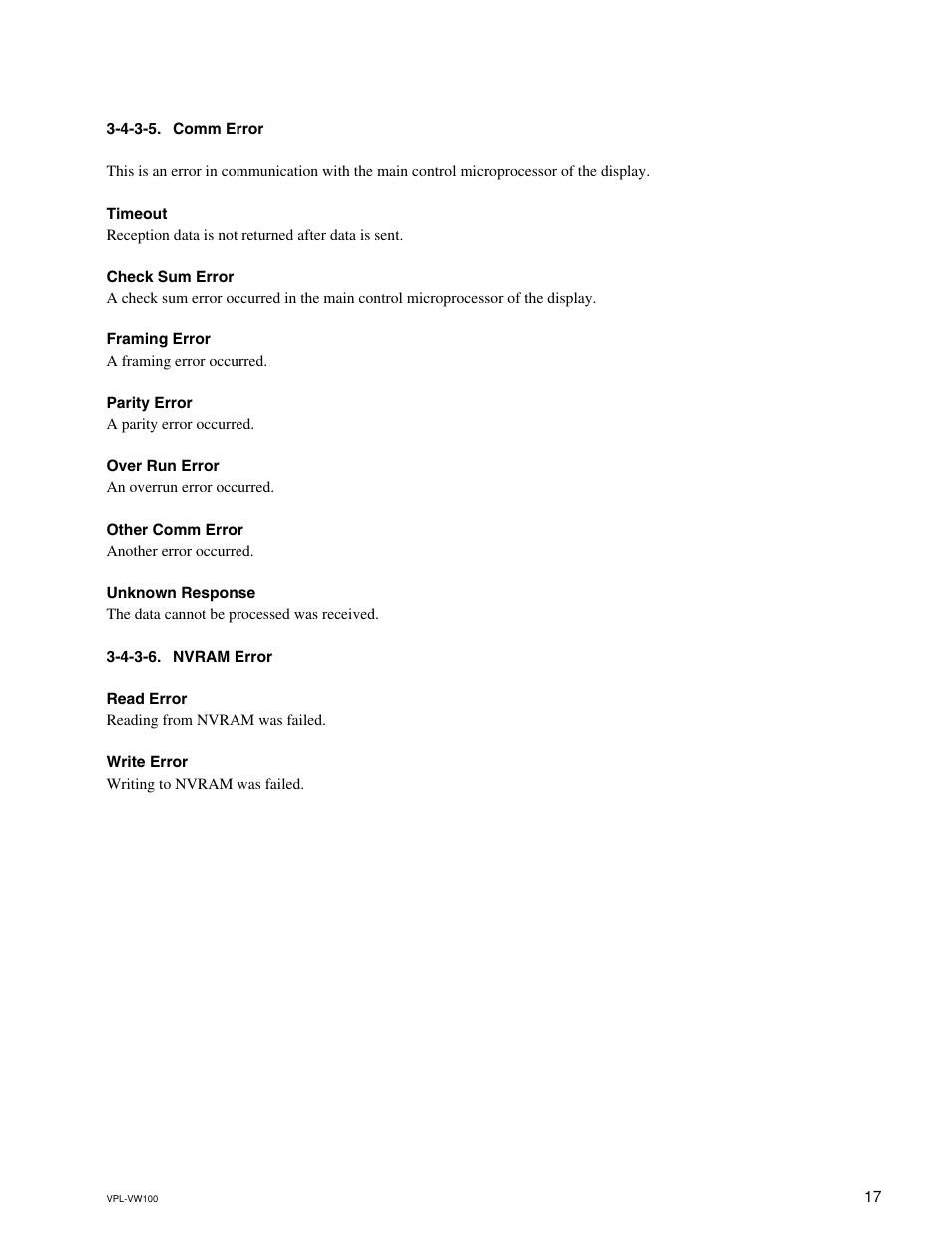 4-3-5. comm error, 4-3-6. nvram error | Sony VPL-VW100 User Manual | Page 21 / 28