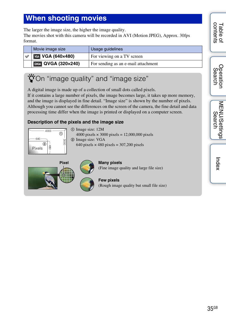 When shooting movies, On “image quality” and “image size | Sony DSC-W310 User Manual | Page 35 / 98
