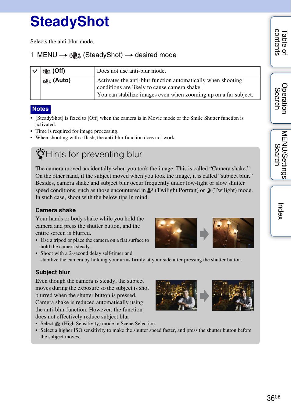 Steadyshot, Hints for preventing blur | Sony DSC-W310 User Manual | Page 36 / 98