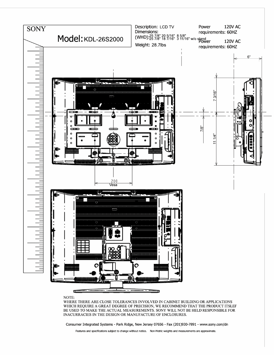 Model, 26s2, Sony | Sony KDL-26S2000 User Manual | Page 3 / 3
