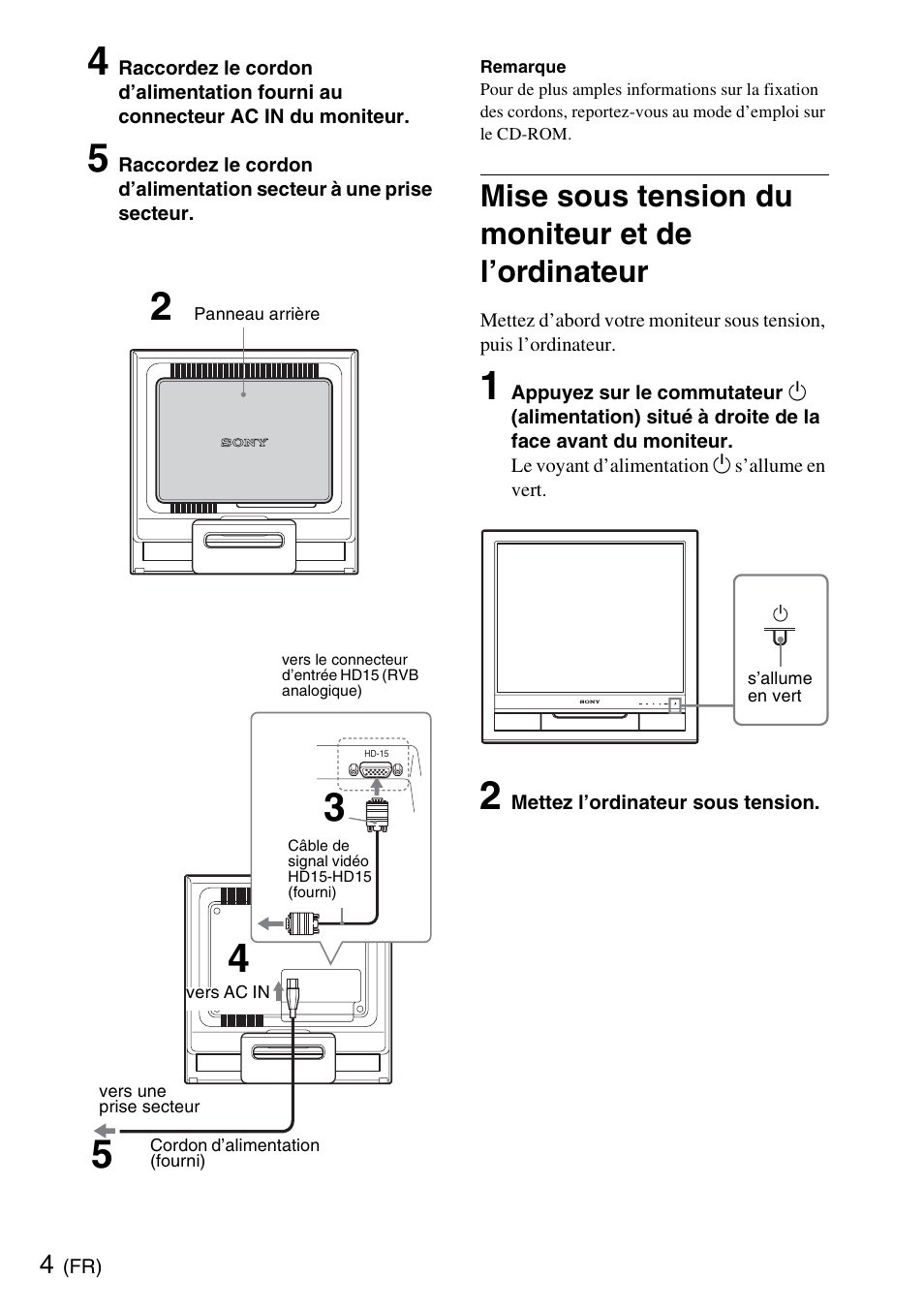 Mise sous tension du moniteur et de l’ordinateur | Sony SDM-HS75 User Manual | Page 10 / 20