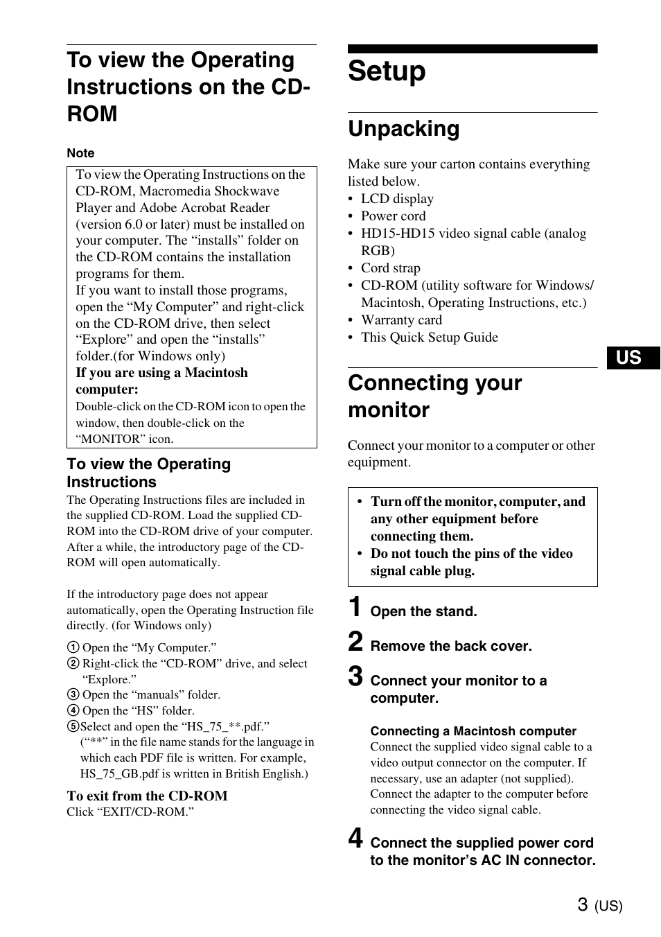 Setup, Unpacking, Connecting your monitor | Sony SDM-HS75 User Manual | Page 3 / 20