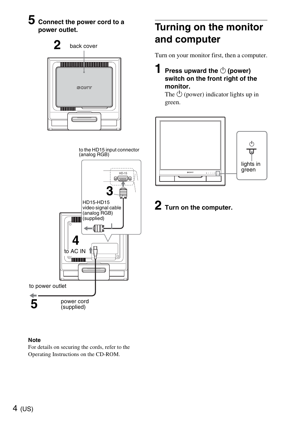 Turning on the monitor and computer | Sony SDM-HS75 User Manual | Page 4 / 20